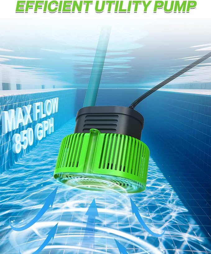 AgiiMan 850GPH Pool Cover Pump, Submersible Sump Pump above Ground | 16FT Drain Hose, 25FT Power Cord, 3 Adapters, Compact Design, Fast Water Removal for Pool Covers and Above Ground Pools