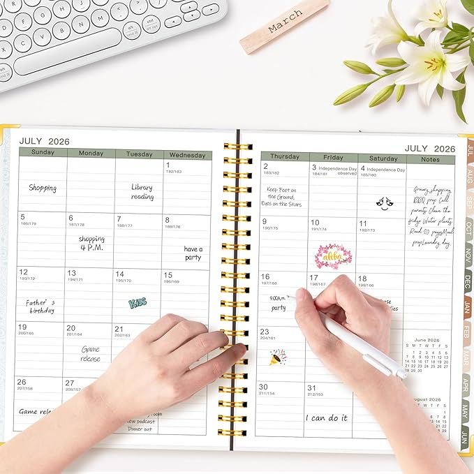 GuassLee 2026-2027 Academic Planner, Weekly and Monthly Hardcover Planner from Jul 2026-Jun 2027, 8.4"x 6.1" Dasiy Daily Agenda Planning Book with Pocket, Stickers, Tabs for School Office Supplies, A5