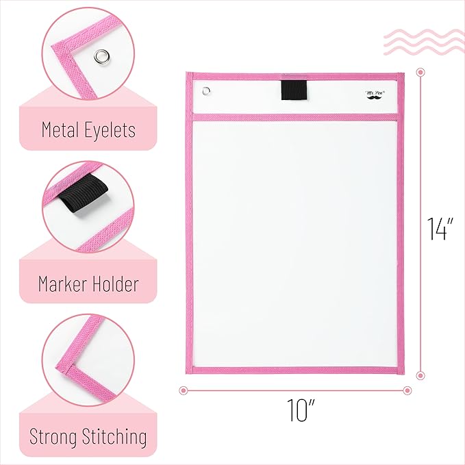Mr. Pen- Reusable Dry Erase Pocket Sleeves, 10" x 14", 6 Pack, Pink Shades, Clear Plastic Paper Sleeves, Ticket Holders, Clear Plastic Sheet Protectors, Teacher, School, Classroom Supplies