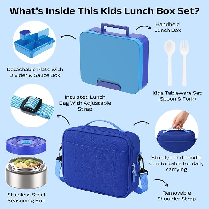 Bento Lunch Box Set for Kids with 8.5oz Hot Food Jar Leak-Proof Lunch Food Container with Insulated Lunch Bag for Toddlers Girls Boys Teens to School, Office, Picnic, Camping, Travel - Blue