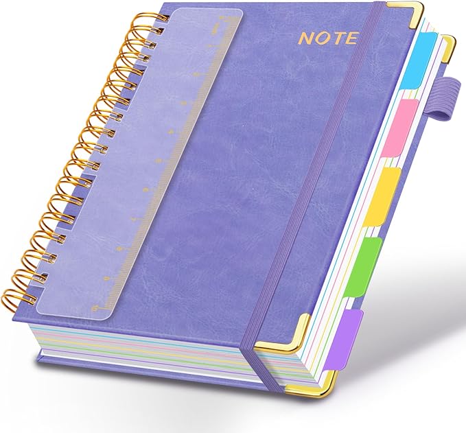 Hardcover Spiral Notebooks for Work 8.5''x 11'', 300 Pages 5 Subject Notebook with Dividers & Tabs, A4 Spiral Journal for Women, College Ruled Notebooks for School Note-Taking (Lilac Purple)
