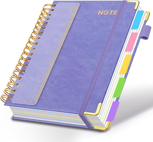 Hardcover Spiral Notebooks for Work 8.5''x 11'', 300 Pages 5 Subject Notebook with Dividers & Tabs, A4 Spiral Journal for Women, College Ruled Notebooks for School Note-Taking (Lilac Purple)