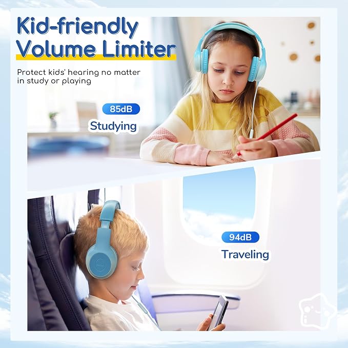 EarFun K1 Kids Headphones Wired with Microphone, 85/94dB Volume Limit Headphones for Kids, Portable Wired Headphone with Shareport, Stereo Sound Foldable Headset for School/Tablet/iPad, Sky Blue