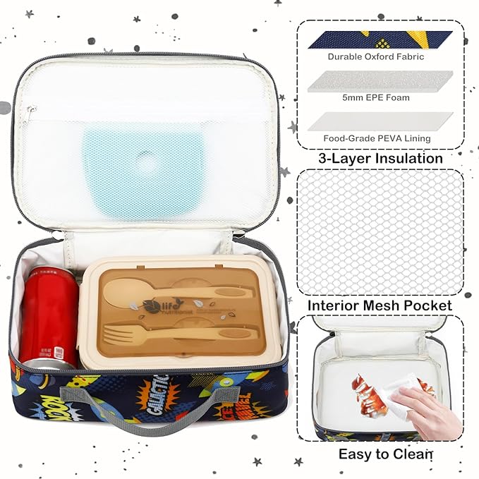 FlowFly Kids Lunch box Insulated Soft Bag Mini Cooler Back to School Thermal Meal Tote Kit for Girls, Boys, Outer Space Rocket Ships in Dark Navy Blue