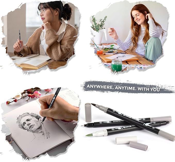 ZSCM Gray Duo Tip Marker Pens, 12 Pack Fine & Brush Markers for Adult Coloring Books No Bleeding, Neutral Gray Markers for Shading, Urban Sketches, Architectural Drawings and Realistic Textures