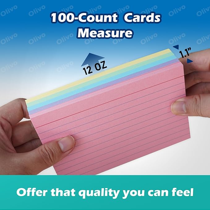 Colored Index Cards 4x6 Lined Ruled Flash Note Cards 100 Count, 5 Pastel Colors Assorted, 220 GSM Heavy Weight