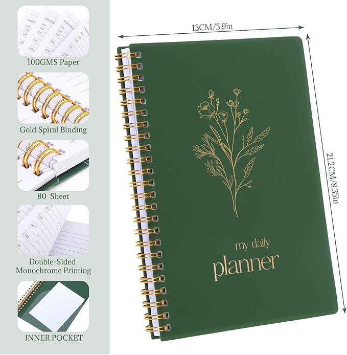 Thboxes Undated Daily Planner with Hourly Schedule, 5.71" X 8.35" Daily To DO List Noteboook Set Goals A5 Daily Personal Organizer Notepad for School Work Office Improve Efficiency Planner, Green