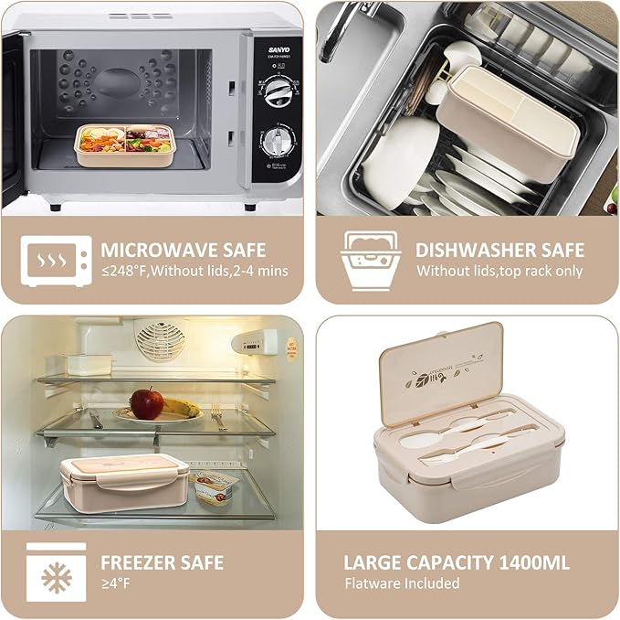 LOVINA Bento Box for Adults and Kids - 1400ML Portable, Lightweight, Easy to Carry Meal Holder with Spoon & Fork, Durable, Leak-Proof, BPA-Free and Food-Safe Materials