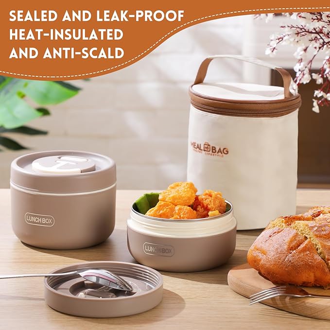 Dandat 2 Pcs Portable Insulated Lunch Containers Thermal Bento Box with Bag Fork Knife Microwavable Stainless Steel Lunch Box 15.2 oz 21 oz Separate Stackable Food Jar for Adult Men Women(Khaki)