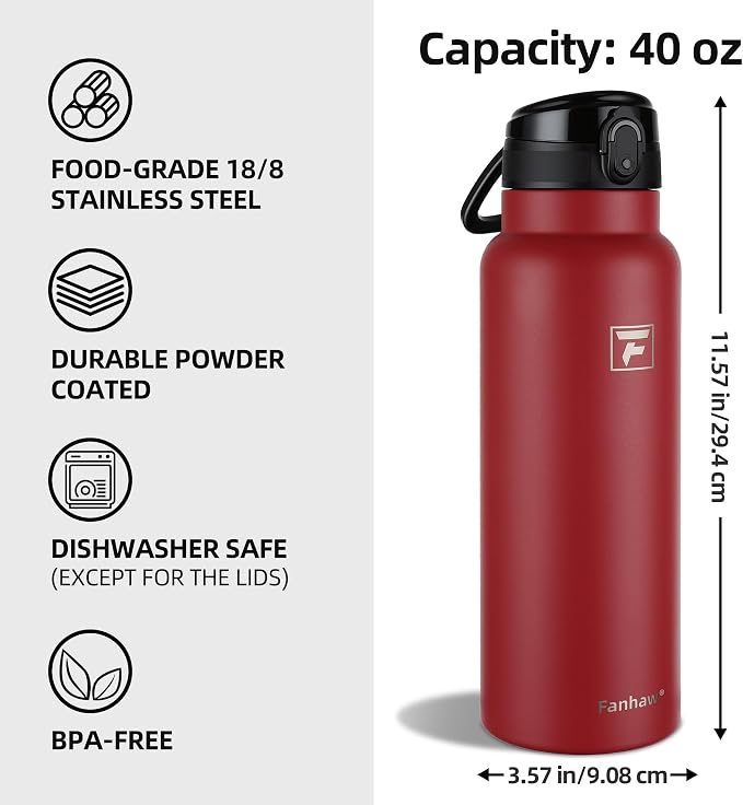 Fanhaw 40 Oz Insulated Stainless Steel Water Bottle with Chug Lid – Wide Mouth, Leak-Proof, BPA-Free – Ideal for Kids, Adults, Sports, Gym, and Outdoor Use (Red)