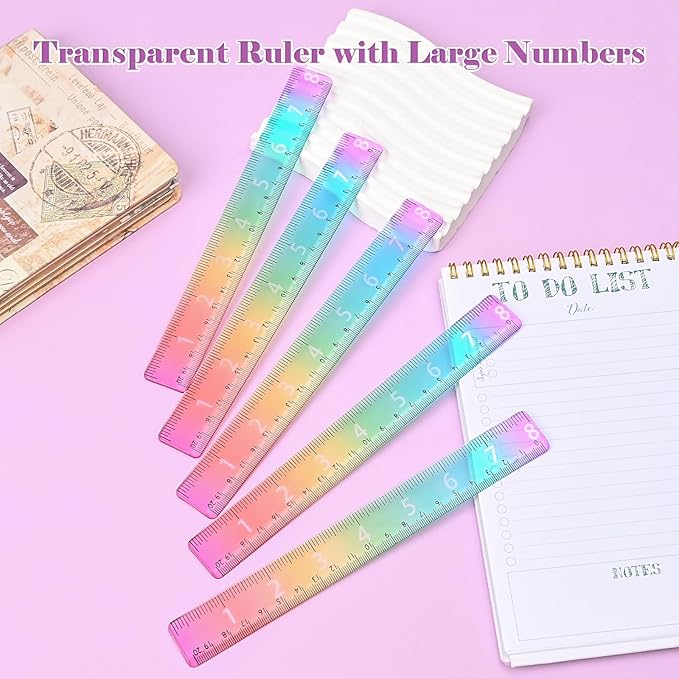 BAYTORY 6Pcs 8inch/20cm Acrylic Straight Rulers, Transparent Gradient Color Rulers, Shatterproof Rainbow Color Measure Stationery with Centimeters, for School Classroom Student (8inch/20cm)