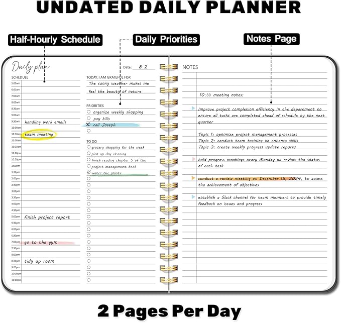 Undated Daily Planner With Hourly Schedule, To Do List Spiral Notebook, Easily Organize Your Work Tasks And Appointments, Perfect School Or Office Supplies For Organizing & Planning, 7.5"x10", Black