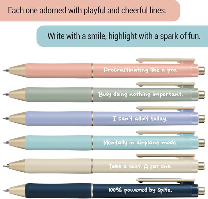 Taja Gel Pens, 6 Pcs Quick Dry Black Gel Ink Pens, 0.5mm Fine Point Smooth Writing Pens for Journaling and Note Taking, Cute Aesthetic Pens for Women & Men-Funny