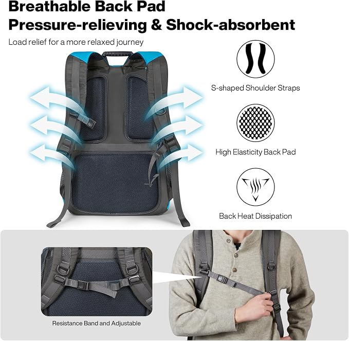 mixi 45L Ultra Lightweight Waterproof Travel Backpack, 21 inch Casual Daypack for Men Women, Durable Spacious Bag for Travel, Sports, Camping, Hiking & College, Blue