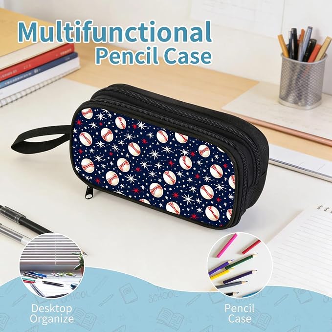 Firmiso Kids Pencil Case, Baseball Star Pattern, Large Capacity Double Zipper Pencil Pouch with Compartments, Durable Polyester School Supplies Organizer, Pen Bag for Boys Girls Students