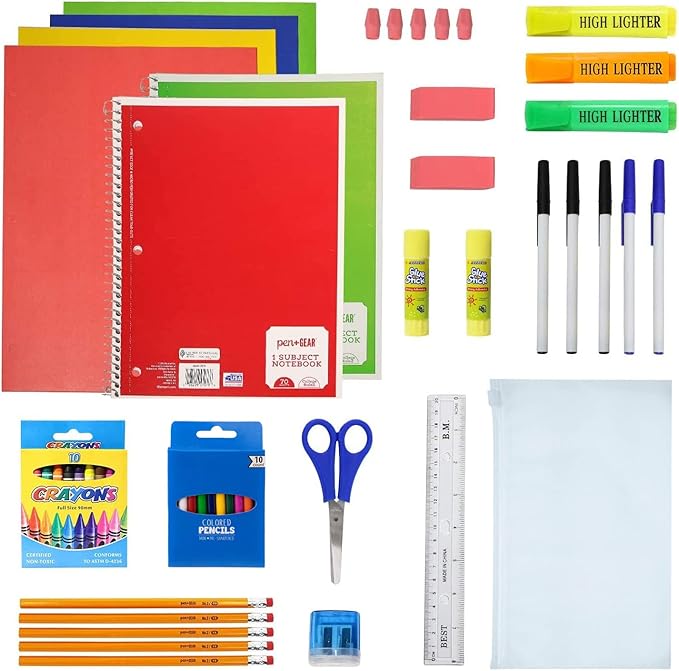 Moda West 52 Piece Bulk School Supplies Kits - Pens, Pencils, Crayons, and More - Value Pack of 12 Kits - Essential Box of School Supplies for Elementary, Middle, and High School Students