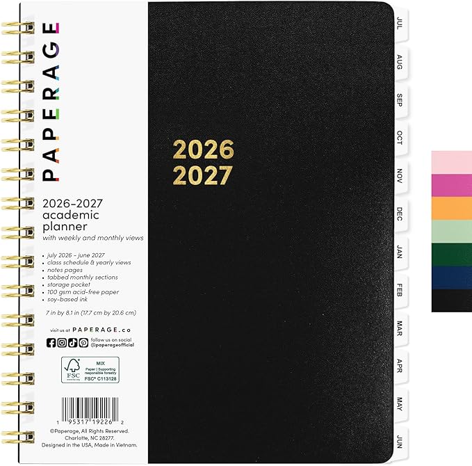 PAPERAGE Academic Planner, Weekly & Monthly Planner & Calendar, 12-Months, July 2026 - June 2027, (7" x 8"), School & Student Planning Agenda with Tabs, Bonus Pages & Inner Pocket, Black