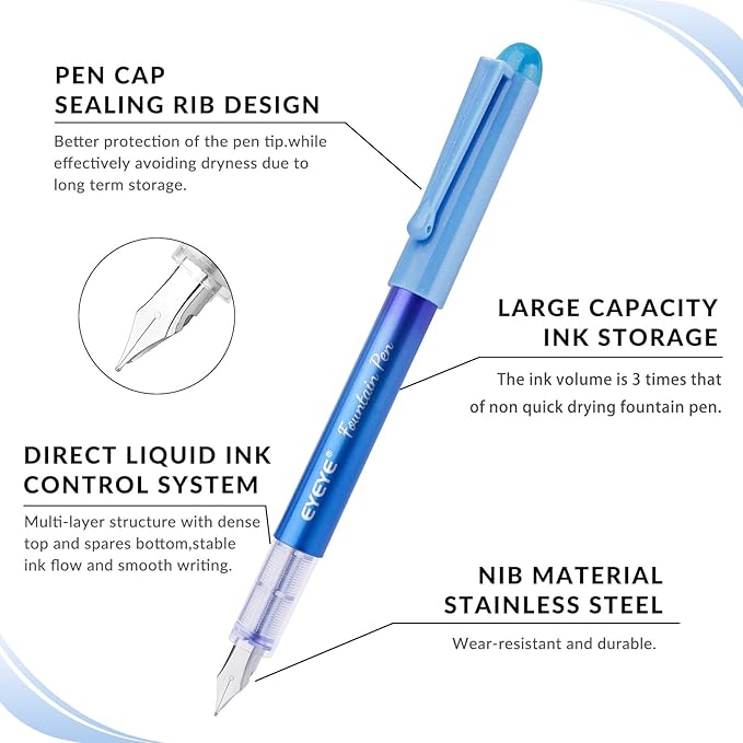 EYEYE Disposable Fountain Pens for Writing, Pack of 8 Blue Fountain Pens Medium Point Stainless Steel Nib