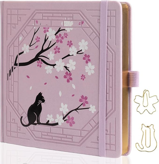 TIEFOSSI Square Dotted Journal, Cute Cat Journal for Women Girls, Dot Notebook with Pretty Sakura Pattern, Aesthetic Diary for Writing Journaling Drawing, Golden Edges, 8 x 8 IN