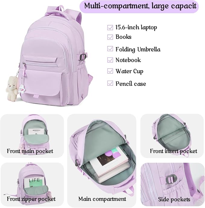 PRLINJSK Girls Backpack for College High Middle School Student, Cute Aesthetic Bookbag for Teens Women with Accessories，Purple