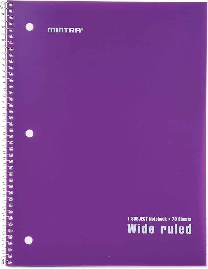 Mintra Office Spiral Notebooks Set - Primary Colors, Wide Ruled, Poly Waterproof Covers, Journals for School, Work, Business, Writing Pads, Teacher & Student Supplies, 70 Sheets Each, 6-Pack