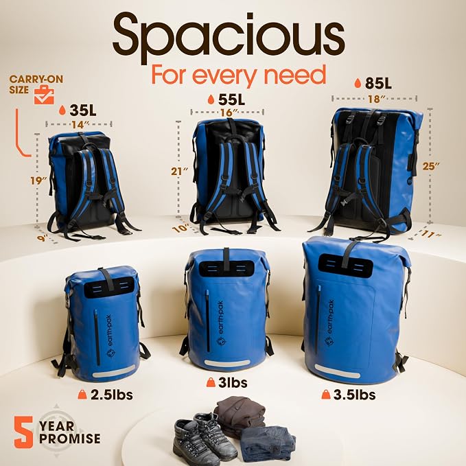 Waterproof Dry Bag Backpack 35L - Kayaking Boating Fishing Rafting Marine | Blue 35L dry bag: 500D PVC, abrasion resistant build, IPX8 phone case for river and lake trips