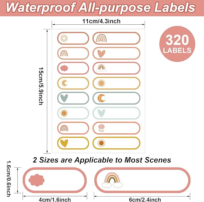Waterproof Name Labels for Kids Daycare 320 Pcs, Boho | Self Adhesive Baby Water Bottle Stickers for School Supplies, Self Laminating, School Name Stickers for Lunch Boxes