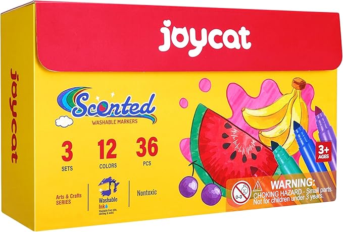 JoyCat 36 Count Scented Washable Markers Bulk, 12 Vibrant Colors (3 of Each) with Fun Fruit Scents, Broad Line Conical Tip Art Supplies, Non-Toxic Classroom Pack for Kids & Toddlers