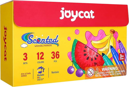 JoyCat 36 Count Scented Washable Markers Bulk, 12 Vibrant Colors (3 of Each) with Fun Fruit Scents, Broad Line Conical Tip Art Supplies, Non-Toxic Classroom Pack for Kids & Toddlers