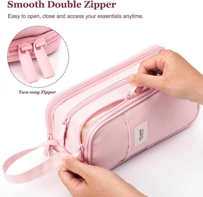 Pencil Case Pouch, Large Capacity Pencil Box Bag, Aesthetic Pen Organizer for School Supplies, Cute Preppy Stuff for Girls Boys Kids, Back to College Stationery, Pink