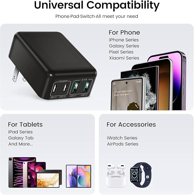 40W Flat USB C Wall Charger, 4Ports Foldable & Slim Fast Charging Blocks, Multiport Type C Cube Box Power Adapter Plug, Boxeroo USB C Charger Block Brick for iPhone Samsung Tablet (Black)