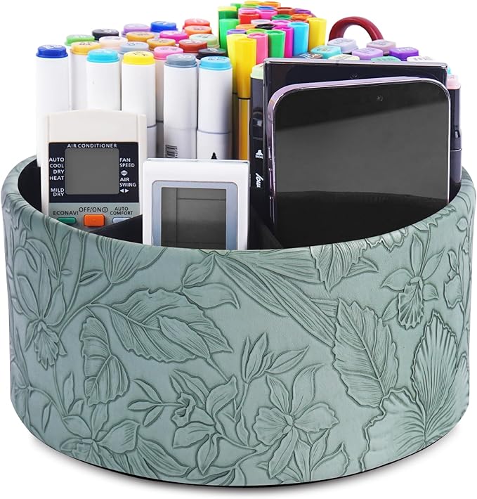 Remote Control Holder, 360°Spinning PU Leather Desk TV Remote Caddy,Desk Storage Box Room Accessories for Controller, Media,Mail,Calculator, Mobile Phone,Pencil(1-Carved Green2)