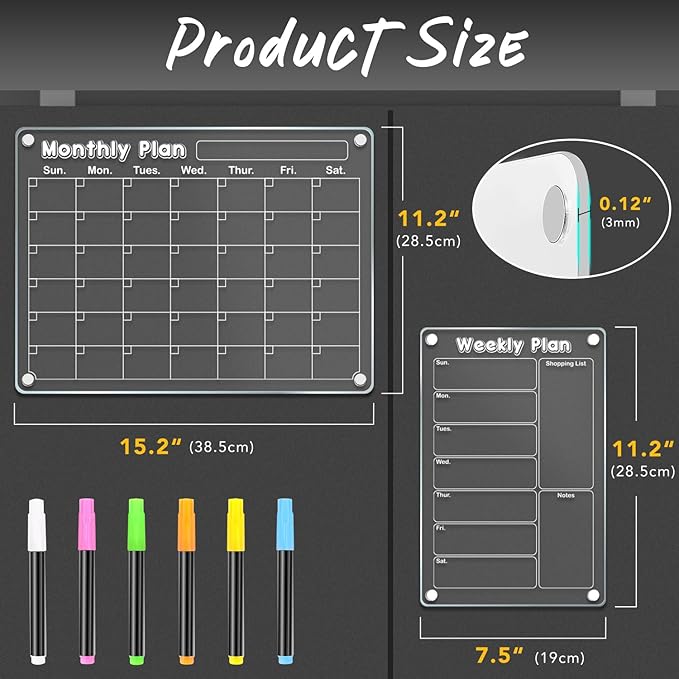 DIYMAG Planning Pads 3Pack Acrylic Magnetic Dry Erase board for Fridge,15"x11" Set Magnetics Weekly Monthly Wall Planners Board for Refrigerator with 6 Colors Markers
