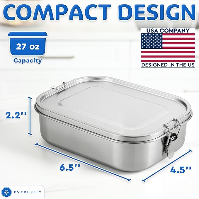Everusely - Stainless Steel Lunch Box - 27 oz / 0.8 L, 2 Adjustable Dividers - Leakproof Snack and Salad Bento Containers for Adults - Food Storage Boxes with Lids for Work, Picnics, Travel