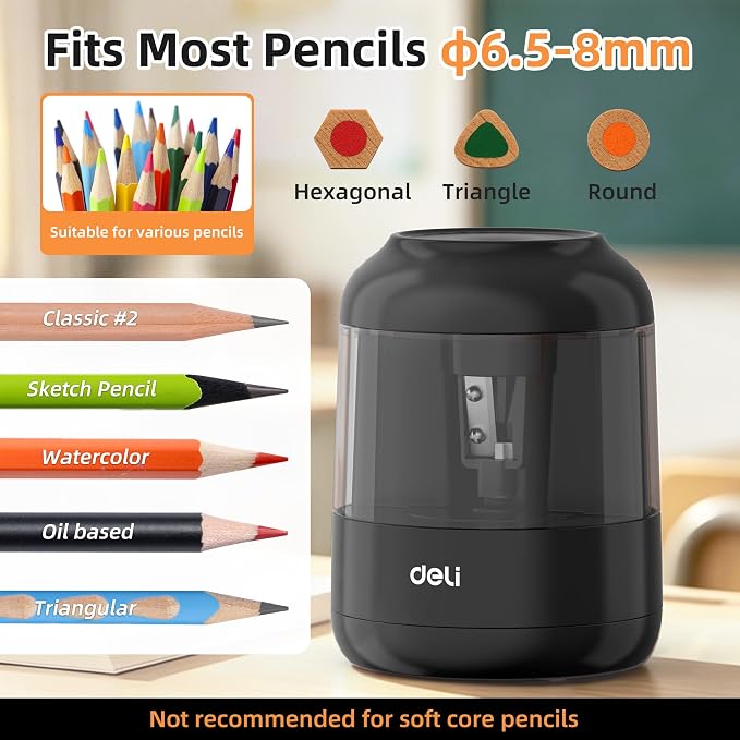 deli Electric Pencil Sharpener, Battery Operated, 6.5–8mm for Classroom