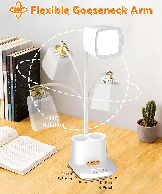 LED Desk Lamps for Home Office with Charger Desk Light Table Lamp W/ Organizer for Bedroom/Study/Reading/Work/Task, Gooseneck Small Desk Lamp for Craft/Artist/Puzzle/Drawing,Eye-Caring LED Office Lamp