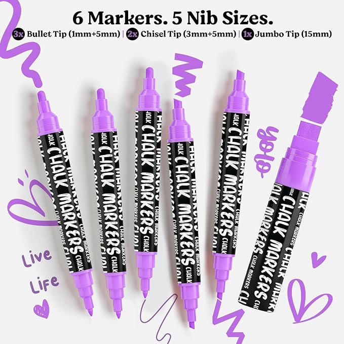 Chalkola 6 Purple Chalk Markers - Dual tip, Fine & Jumbo Tip (1mm, 3mm, 5mm, 15mm) | Erasable Liquid Chalk Pens for Blackboard, Chalkboard Signs, Car Window, Bistro, Glass | Washable Markers