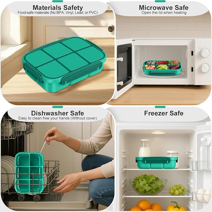 Amathley Lunch Box Kids Girls Boys,Bento Box Adult,Toddler Lunch Containers for School,Leakproof Snack Containers with 6 Compartments,Sauce Container,10 Food Picks and 4 Muffin Cups (Green)