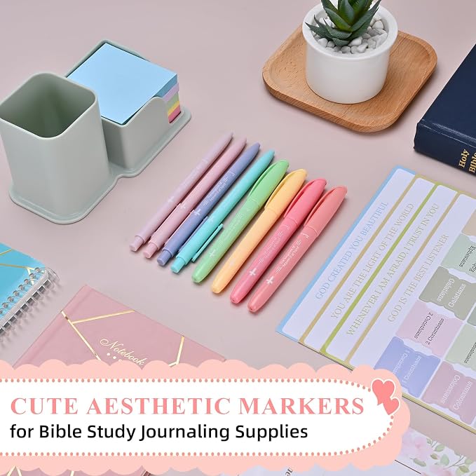7-ackz Bible Highlighters Assorted Colors and Gel Pens Set, 8 Pastel Highlighter Markers 8 Colored Ink Gel Pens, 75 Tabs, No Bleed, Quickly Dry for Bible Study, Motivational Gift for Christians