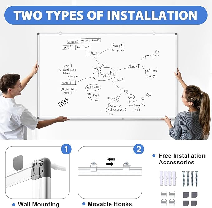 WALGLASS Large White Board Dry Erase for Wall, 48'' x 36'' Double-Sided Magnetic Whiteboard with Aluminium Frame, Hanging & Wall Mount for Home Office School