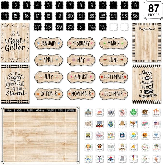 CTP Core Décor Black, White, and Wood Calendar Set Bulletin Board Top Classroom Decorating Accents (Creative Teaching Press 10920)
