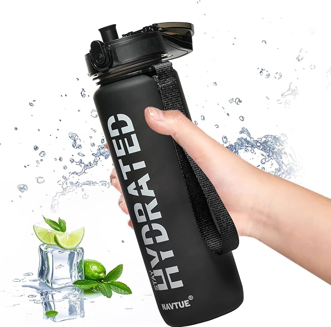 Water Bottle, 32 oz Sports Water Bottles with Time Marker Wide Mouth, Motivational and Leakproof Drink Bottle, BPA Free Tritan with Carry Strap for Gym Fitness Outdoor(1 Bottle)