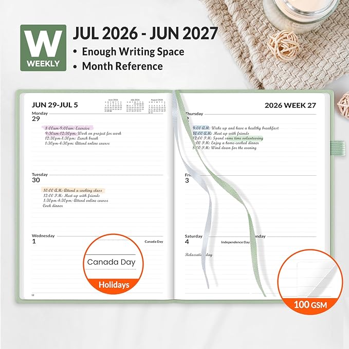 SUNEE 2026-2027 Weekly & Monthly Hardcover Planner 5.5" x 8.3" - 12 Month (July 2026 - June 2027), Small Academic Year Calendar Planner, Pocket, Notes, 100 GSM Paper, Sage Green