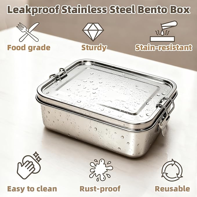 Stainless Steel Lunch Box, 28oz/850ml Metal Bento Box with Removable Dividers, Reusable Food Storage Containers with Lids Leak Proof for Travel, Work, Picnic, Home