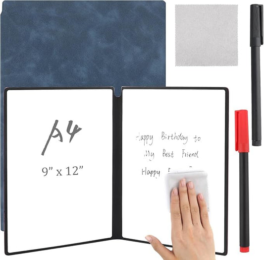 A4 Portable Whiteboard Notebook,12" x 9" Double Sided Dry Erase Board with Two Pens,Folding Reusable Writing Pad for Office Meetings,School,Planning,Travel,PU Cover(Denim Blue)