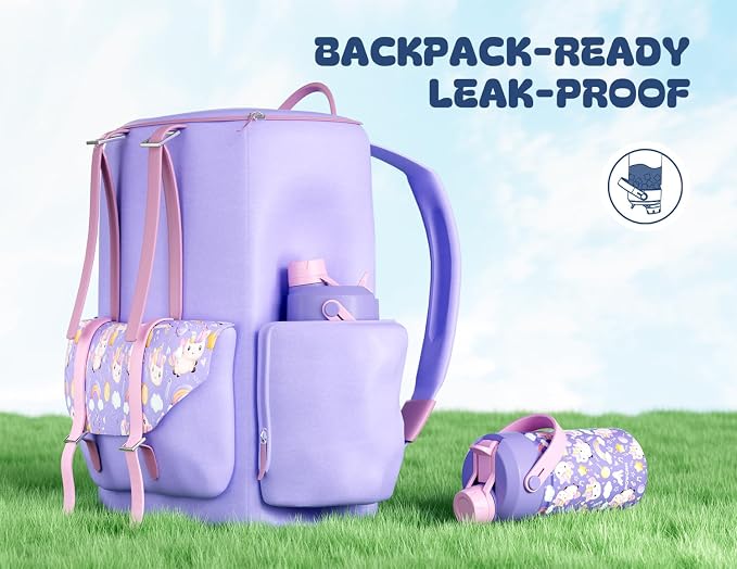 12 oz Insulated Water Bottle for Kids: 2-in-1 Straw Spout Lid, Spill-proof, BPA-Free, Easy Clean, Keep Cold 24H, Cute Patterns, Stainless Steel Cup for School, Travel, Playtime, Gift (Unicorn Jam)