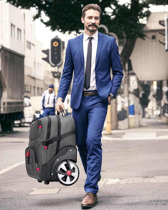MATEIN Rolling Laptop Bag with Larger Wheels, 17 Inch Spacious Roller Back Packs with Anti Theft Lock for Adults Men, Heavy Duty Rolling Large Carry On Luggage for Office Work Travel, Grey