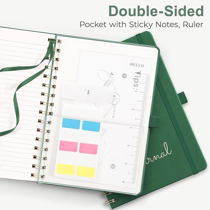 EMSHOI A4 College Ruled Spiral Notebook, Large 8.27"x11.2", 110 Numbered Pages, 100GSM Ink-Proof Faux Leather Hardcover Lay-Flat Lined Journal for Work Office School Writing, Dark Green