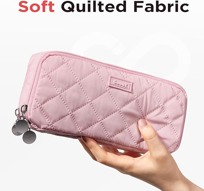 Sooez Large Pencil Case Pouch, Extra Big Pencil Bag with 8 Compartments, Pen Bag Wide Opening, Soft Quilted Pencil Pouch Organizer with Zipper, Portable Pencil Case for Teen Girls, Blush