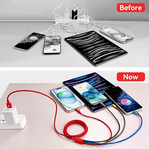 Multi USB Charging Cable 4A, 4-in-1 Braided Charging Cord, Multi Charger Cord, Multiple USB Cable with IP/USB C/Micro Ports Adapter for Cell Phones/iPhone/Tablets/Samsung/Pixel/PS More (2Pack/4Ft)